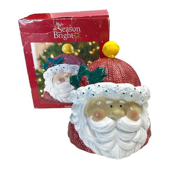 Make The Season Bright Santa Holly Christmas Ceramic Cookie Jar Holiday Decor - Picture 1 of 8